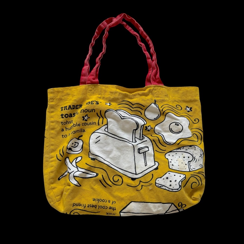 Trader Joe's Breakfast Tote Bag Yellow Canvas Waffle Toast Graphic Reusable USA